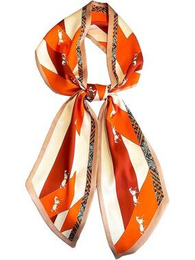 Women's Orange Printed Square Headscarf Bandanas Hair Scarf Neck Scarves